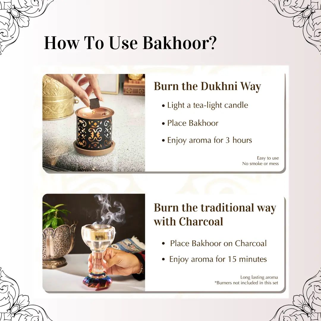Jar of black incense tablets with an orange box labeled 'Al Bakhoor' on a white background