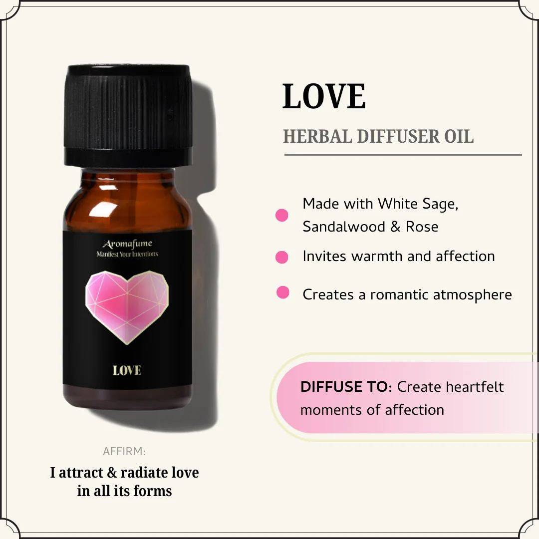 Aromafume Love Manifestation Oil bottle with red and pink design