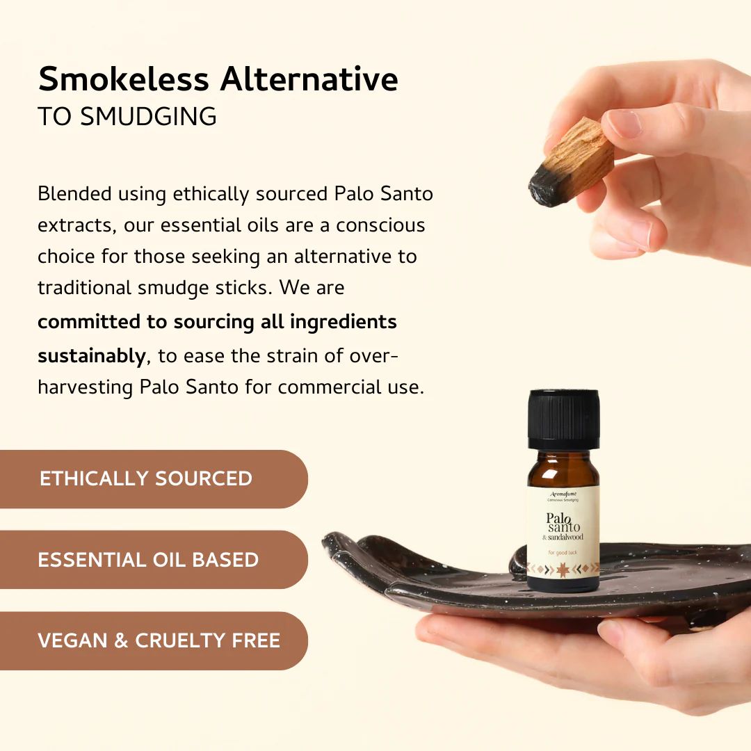 Amber glass bottle of Palo Santo and Sandalwood essential oil blend
