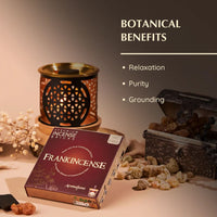 Frankincense incense sticks box with an incense burner and frankincense resin on a warm-toned background.