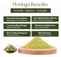 Moringa benefits listed with green powder and leaves on a white background
