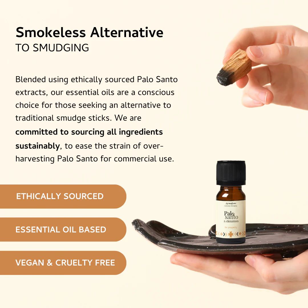 Amber glass bottle of Palo Santo and Cinnamon essential oil blend