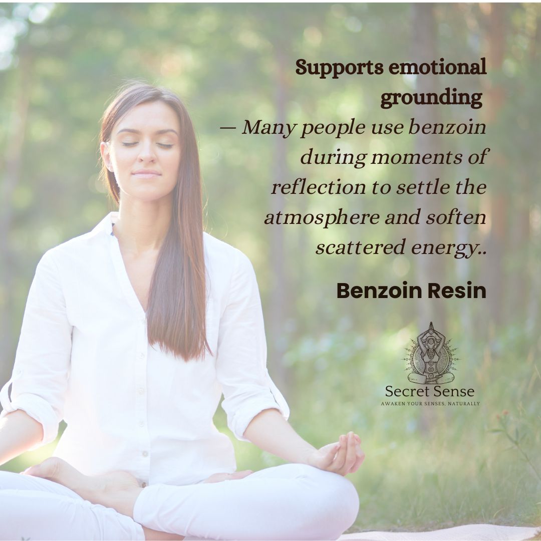 Person meditating outdoors with text about benzoin resin and Secret Sense brand.