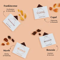 Aromatherapy incense sticks with labels for Frankincense, Copal, Myrrh, and Benzoin on a beige background.