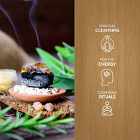 Incense burning with smoke and green leaves on a wooden surface, accompanied by icons and text about spiritual cleansing.