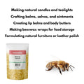 Beeswax packaging with a bee illustration and text about natural product making on a white background.