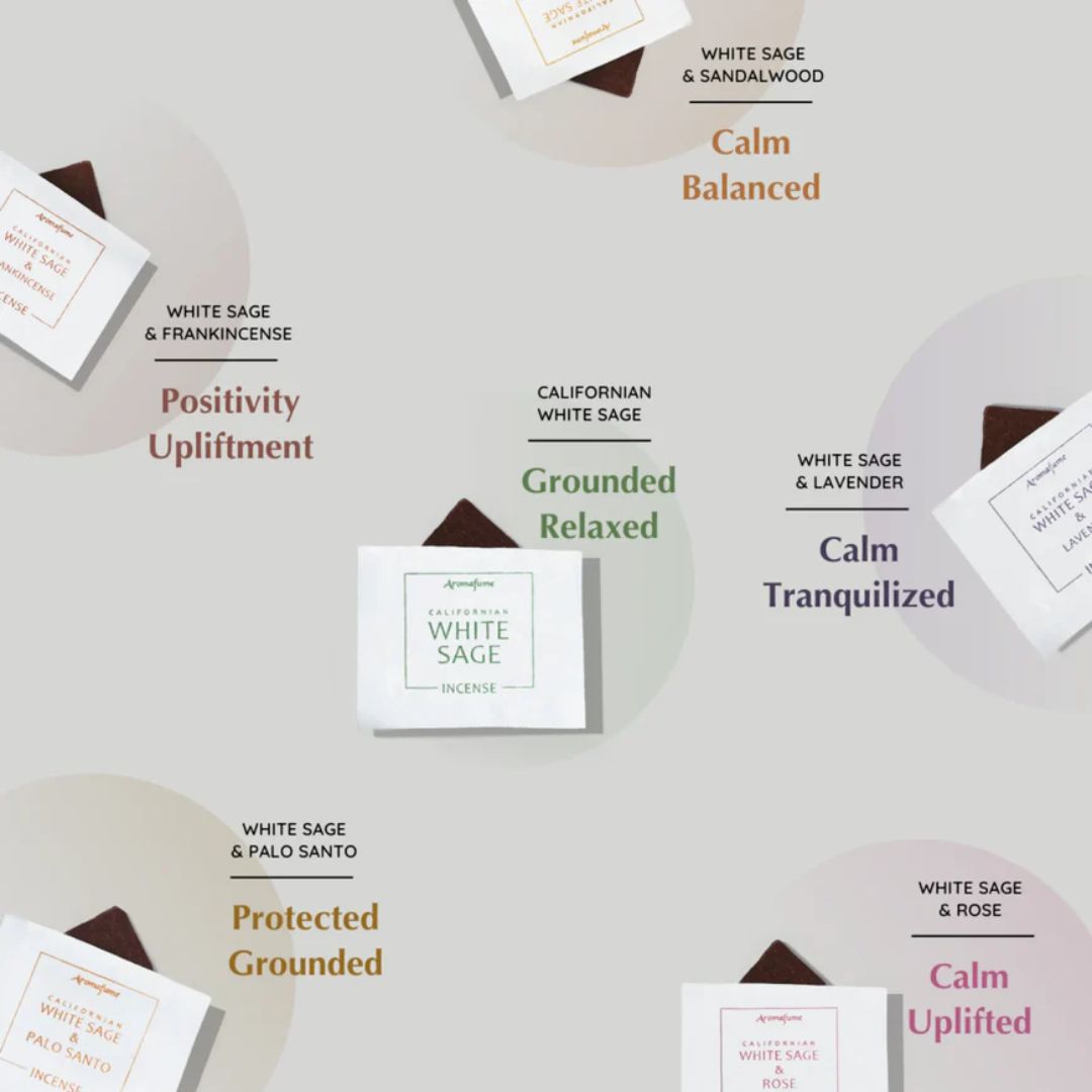 White sage incense packaging with descriptive labels on a light gray background