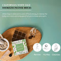 Californian White Sage smokeless incense bricks on a wooden tray with text and icons on a teal background.