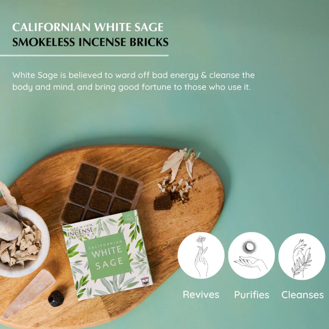 Californian White Sage smokeless incense bricks on a wooden tray with text and icons on a teal background.