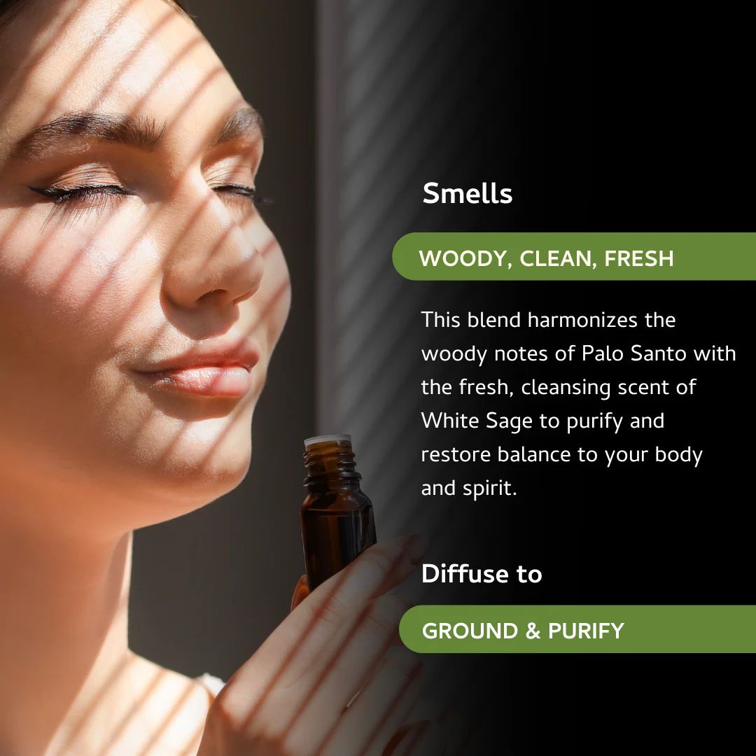Amber bottle of Palo Santo and White Sage essential oil