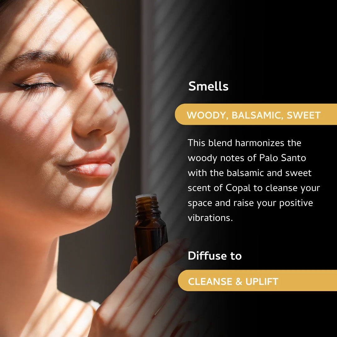 Amber bottle of Palo Santo and Copal essential oil blend