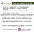 Moringa product label with text about ingredients, usage, storage, and benefits.