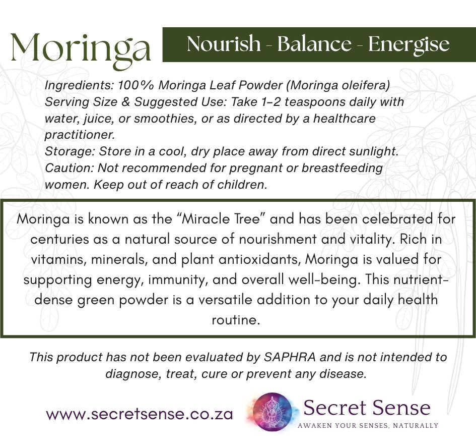 Moringa product label with text about ingredients, usage, storage, and benefits.