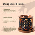 Aromatherapy diffuser with text on using sacred resins for aromatherapy, incense, and meditation.