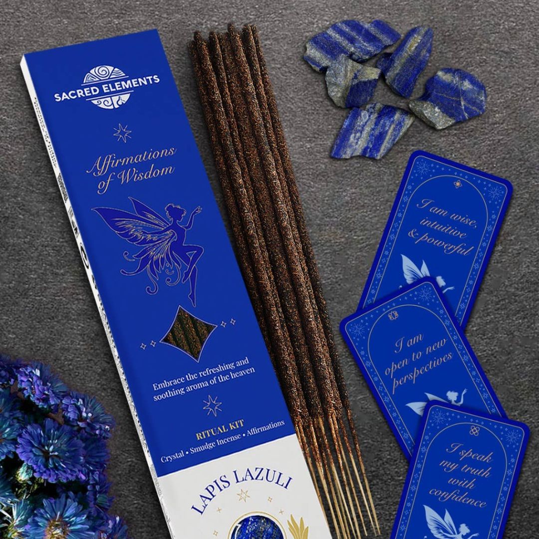 Affirmation of Wisdom Lapis Lazuli incense sticks beside blue crystal