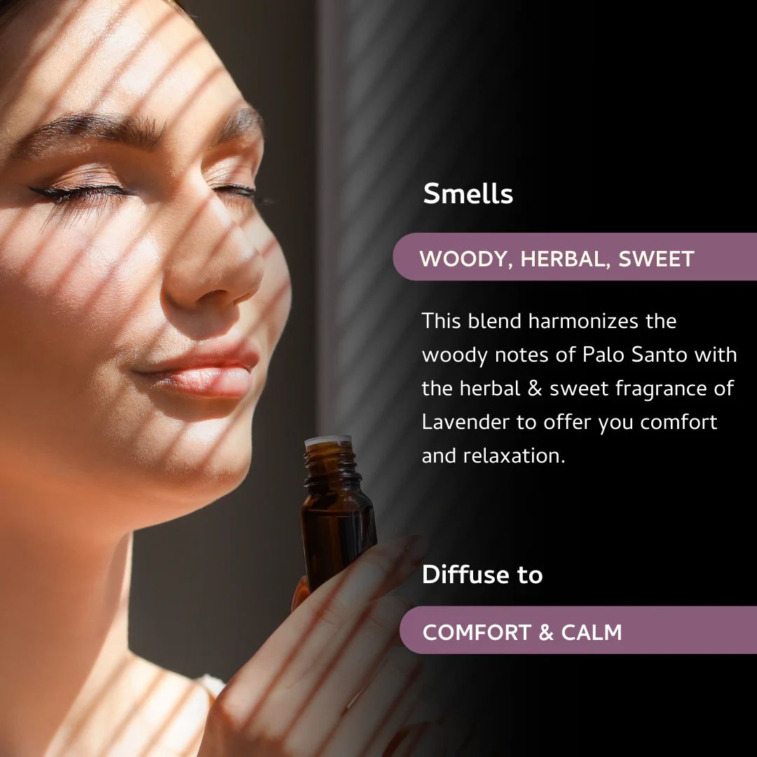 Dark glass bottle of Palo Santo and Lavender essential oil