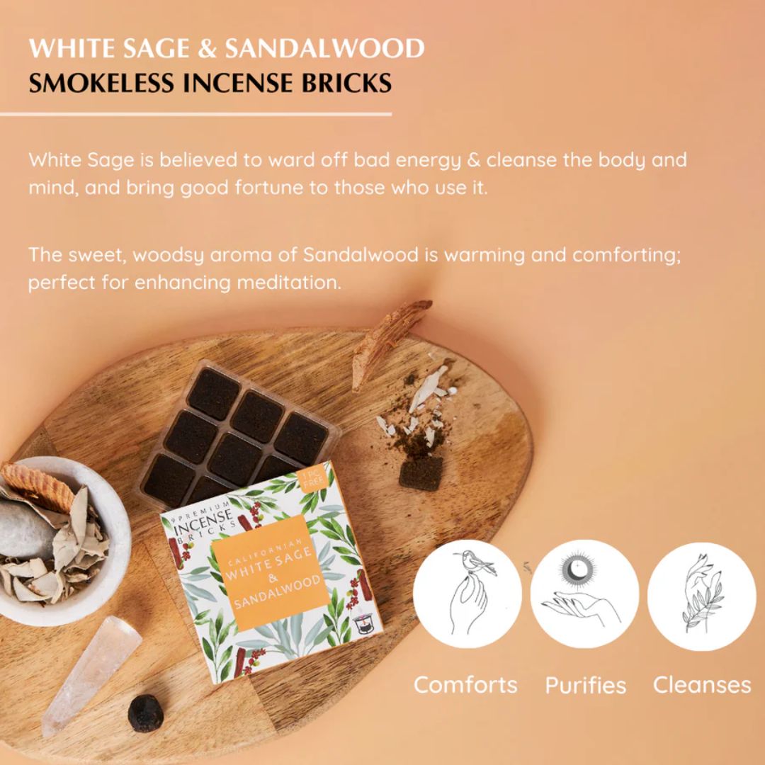 White Sage & Sandalwood smokeless incense bricks on a wooden board with text about their benefits.