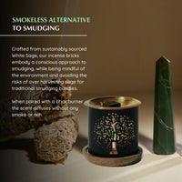 Incense bricks and burner with text about a smokeless alternative to smudging.