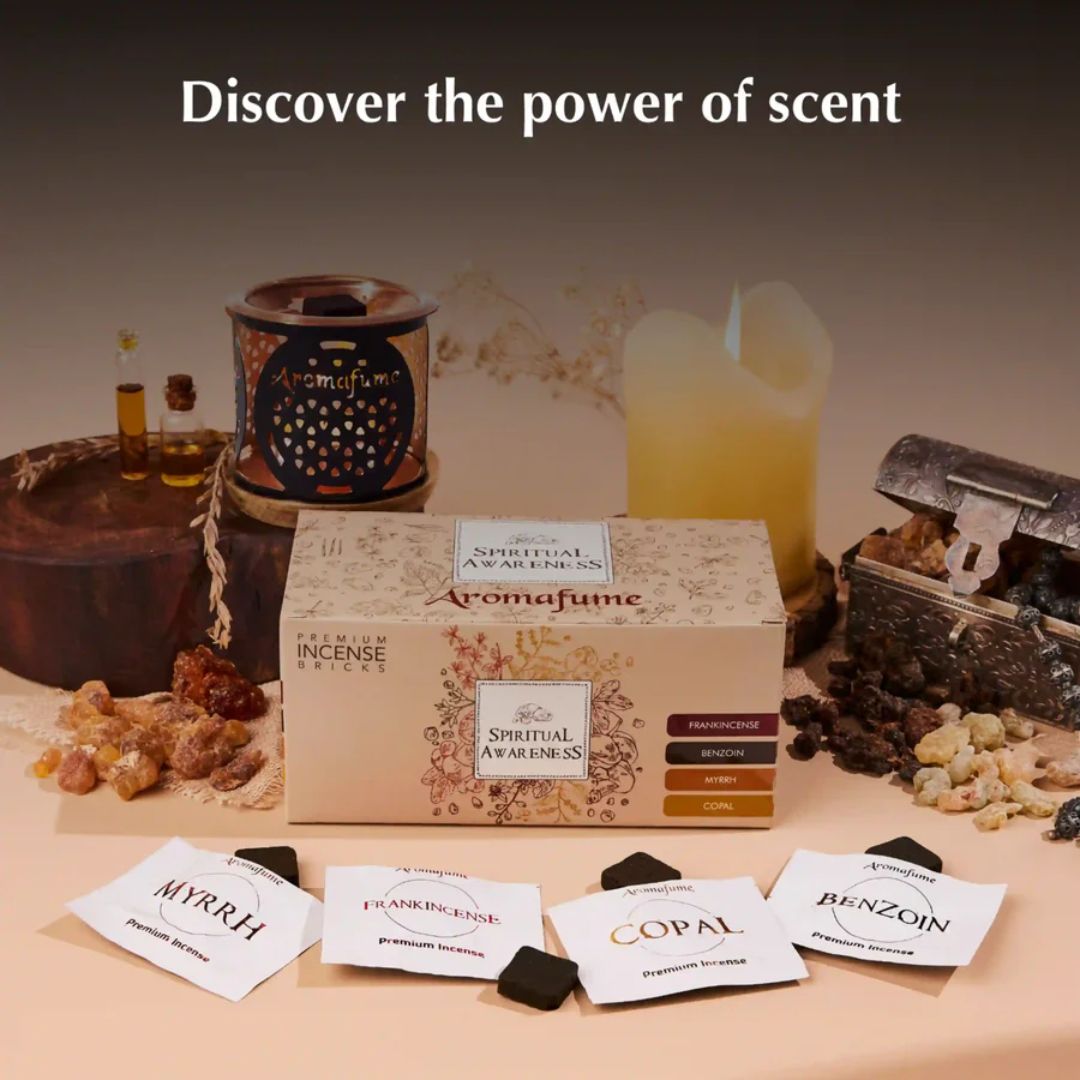 Aromafume incense products including a box, candles, and incense sticks on a neutral background with text 'Discover the power of scent'.