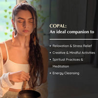 Woman with closed eyes holding a COPAL product, with text about its uses.