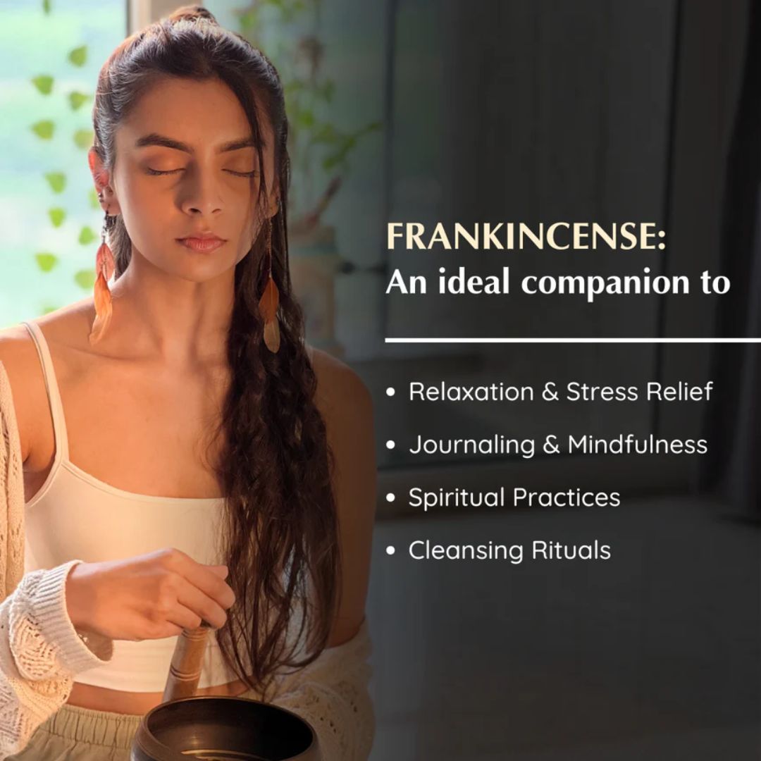 Woman with closed eyes holding a container, with text about frankincense benefits.