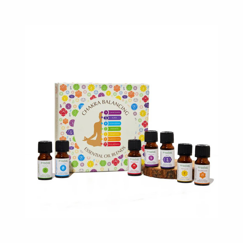 Seven chakra essential oil bottles in gift box