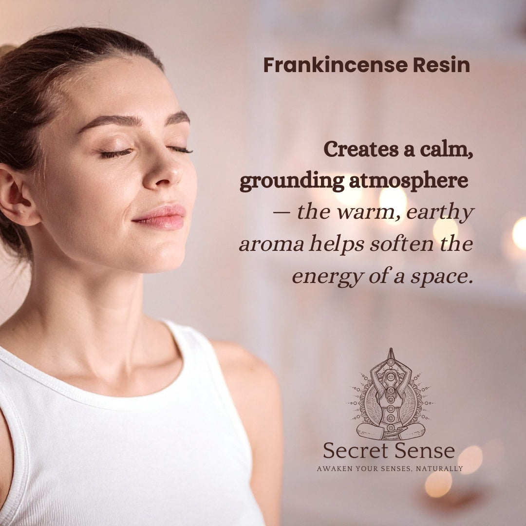 Woman with closed eyes and a text overlay about Frankincense Resin's effects on atmosphere.