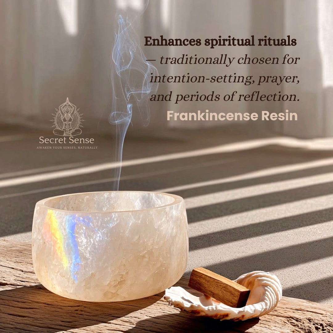 Incense bowl with smoke and text about Frankincense Resin's use in spiritual rituals.