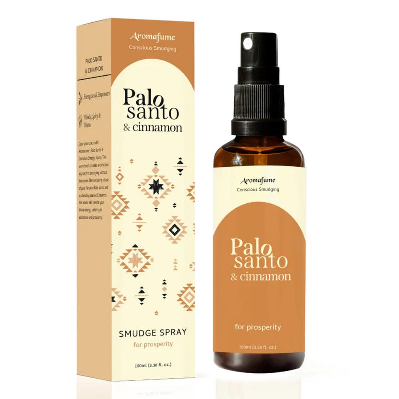 A bottle of Aromafume Palo Santo & Cinnamon Smudge Spray with a spray nozzle, next to its packaging box which has a geometric pattern.