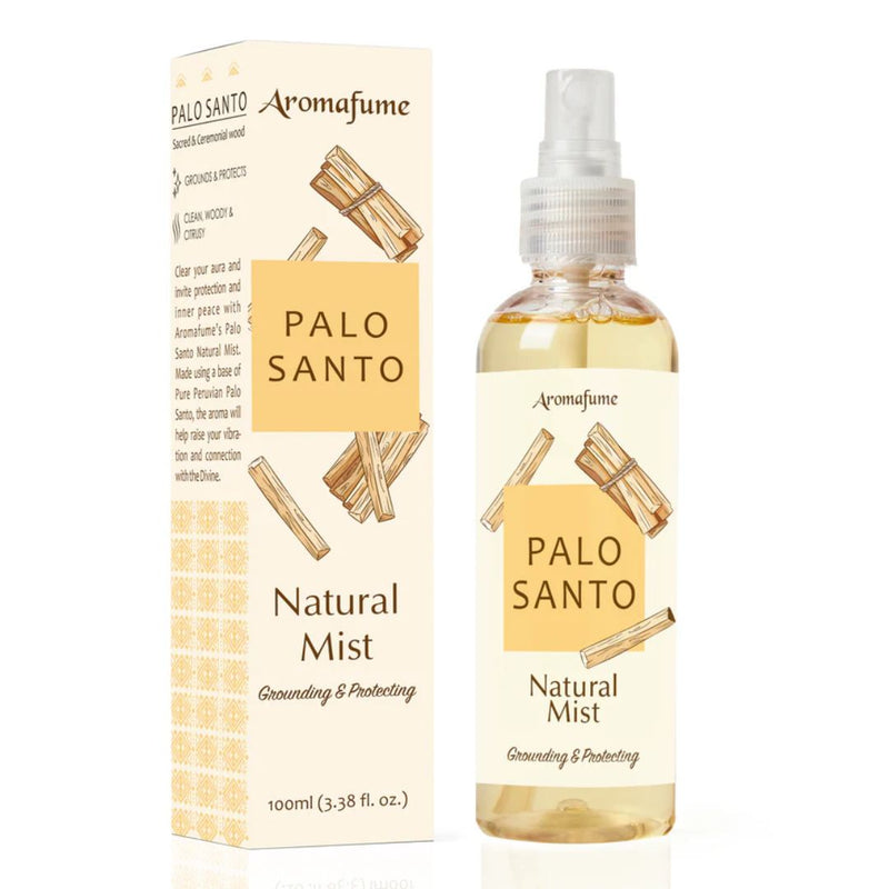 Aromafume Palo Santo Spray in a beige bottle with a spray nozzle, next to its packaging box which is also beige with text and branding.