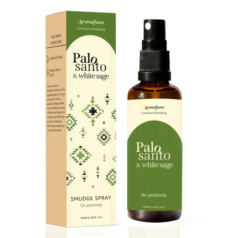 Aromafume Palo Santo & White Sage Smudge Spray packaging and bottle, 100ml size, with the label indicating it is for positivity, smudge for positivity.