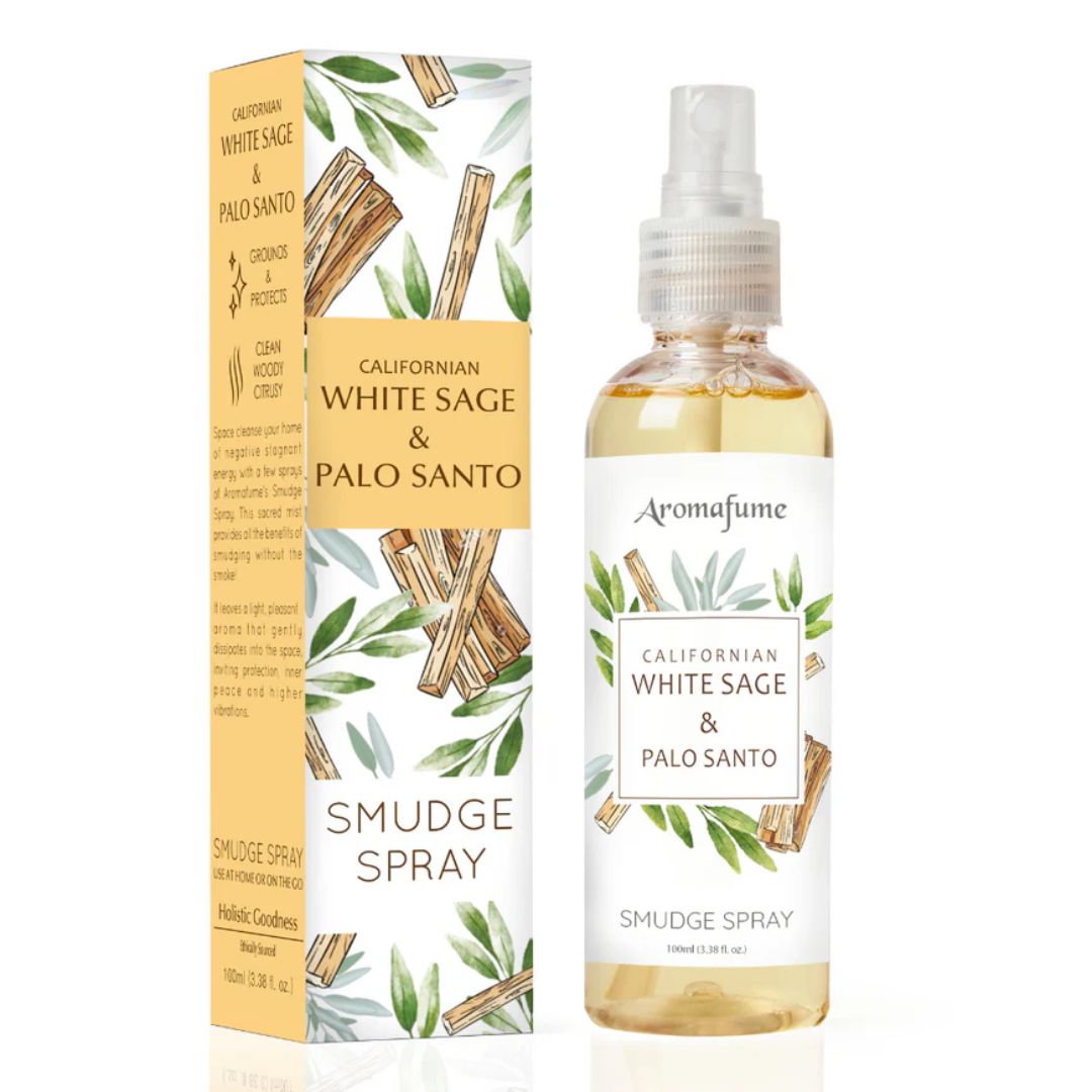 A bottle of Aromafume White Sage & Palo Santo Smudge Spray next to its packaging box, which has a botanical design with sage and palo santo leaves.