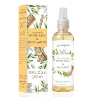 A bottle of Aromafume White Sage & Palo Santo Smudge Spray next to its packaging box, which has a botanical design with sage and palo santo leaves.