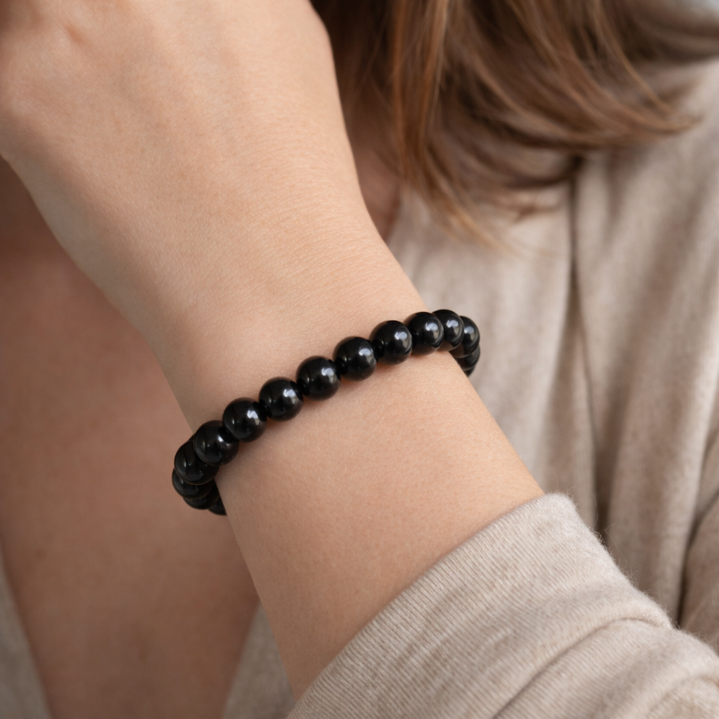 Tourmaline Crystal Bracelet – 10mm Black Tourmaline, 18cm Elastic