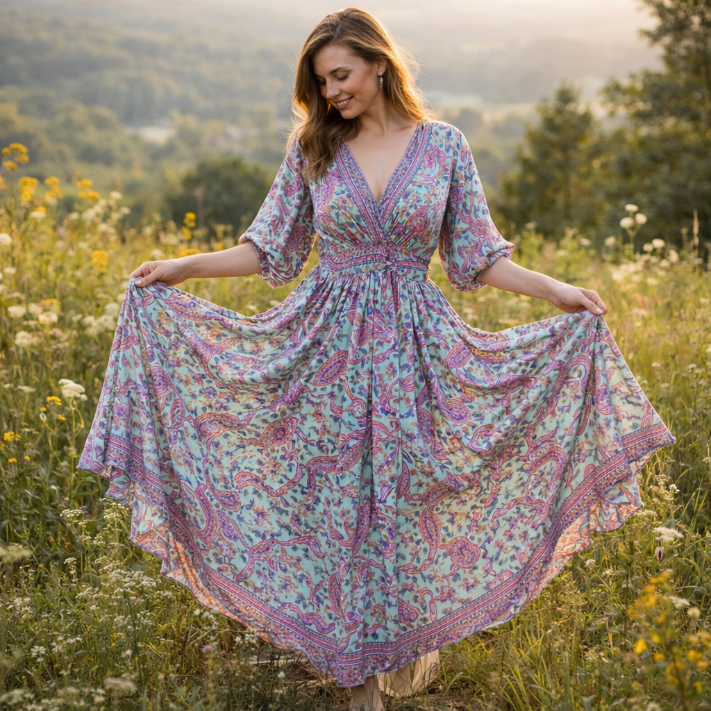 flowing boho goddess dress with paisley print Secret Sense
