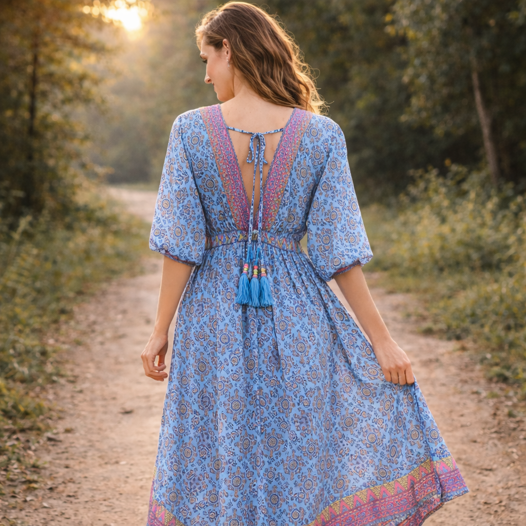 flowing silk-look boho dress with feminine goddess silhouette
