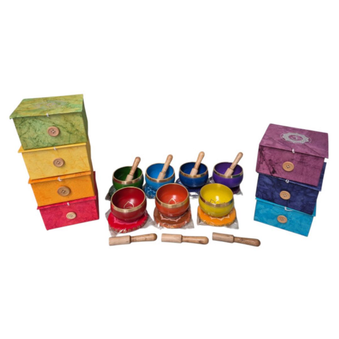 Brass 9cm singing bowl for chakra healing, 7-piece chakra singing bowl set, meditation bowls with cushion and stick, spiritual sound therapy tools