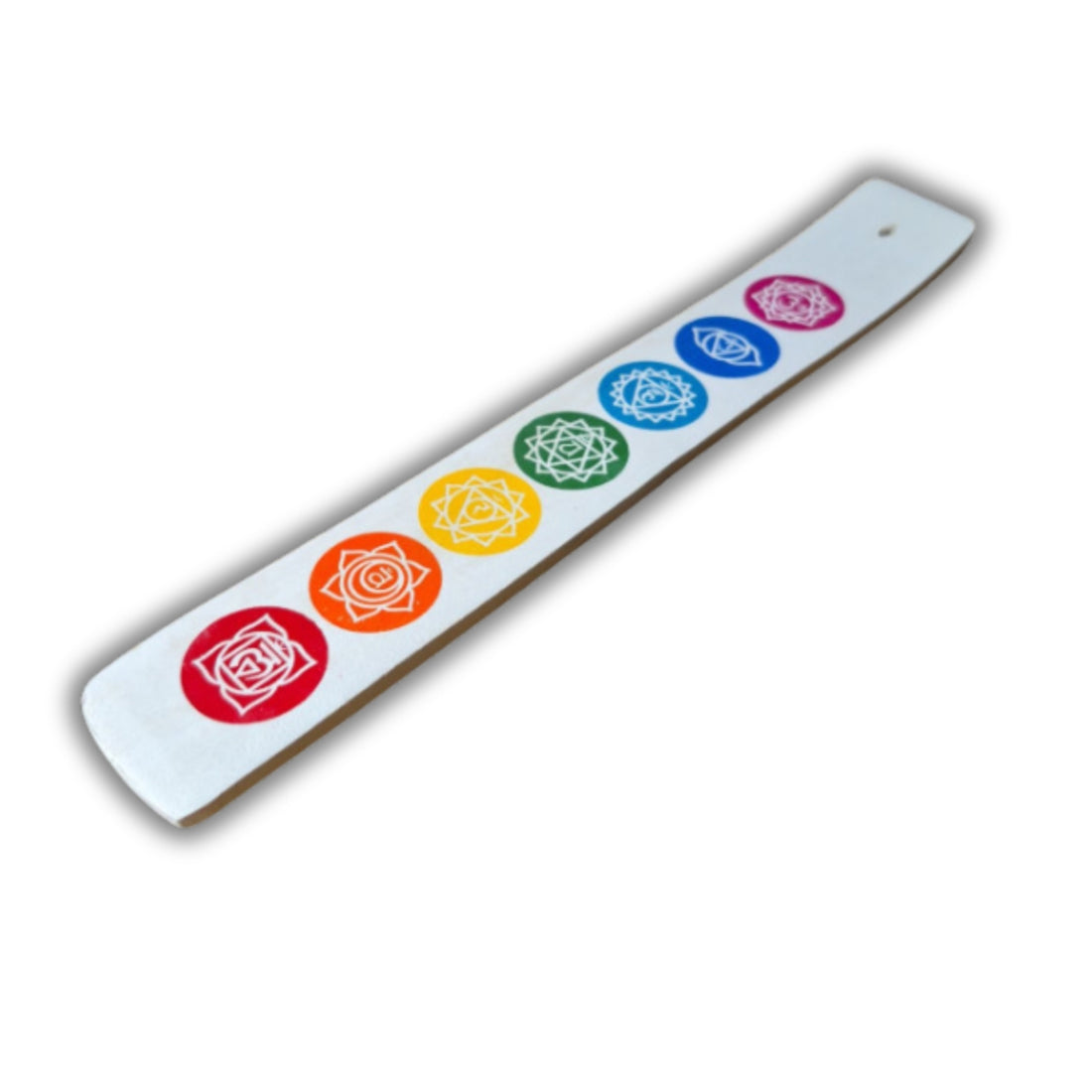 Chakra incense holder in white with colorful energy center icons