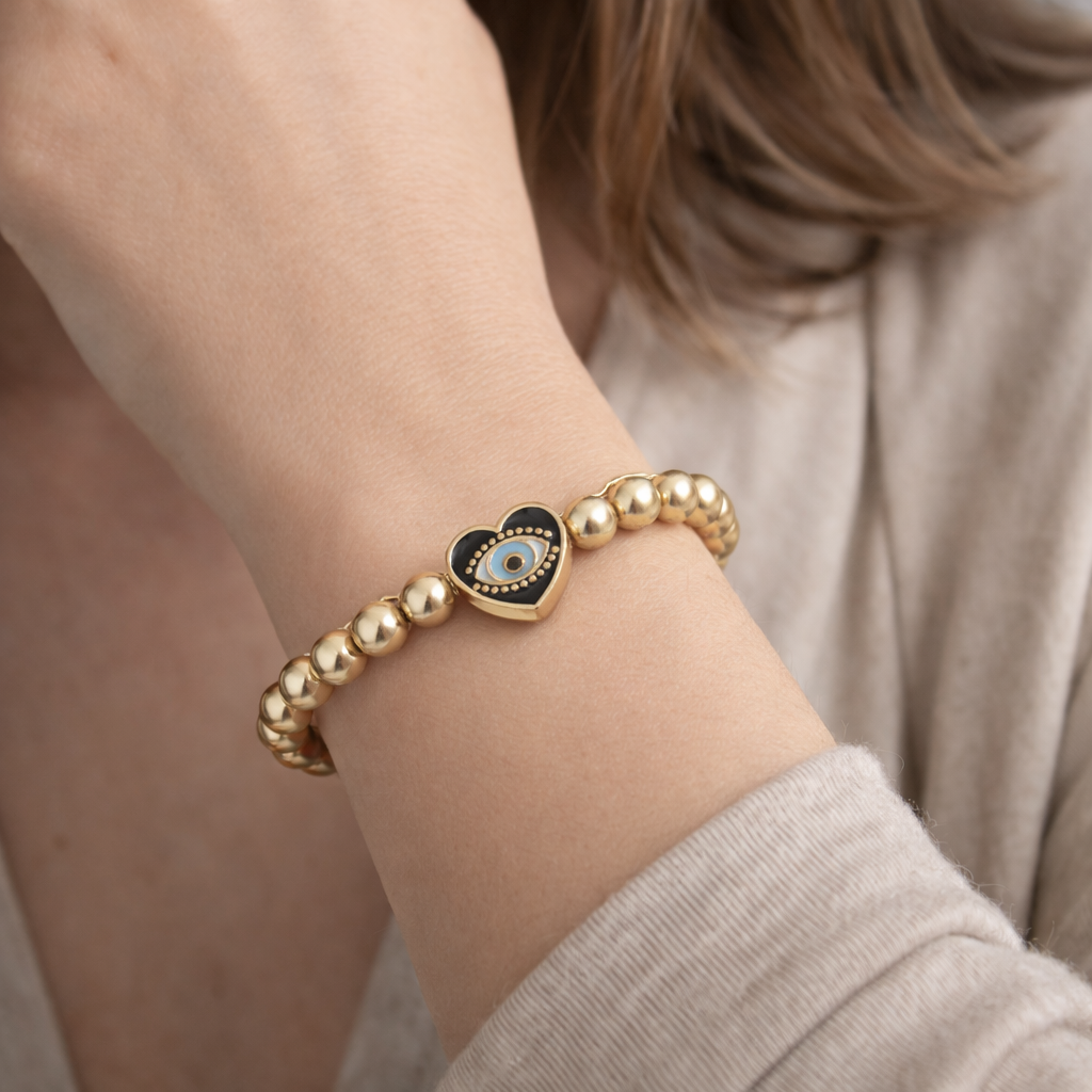 Gold Hematite Evil Eye Bracelet – Heart Charm