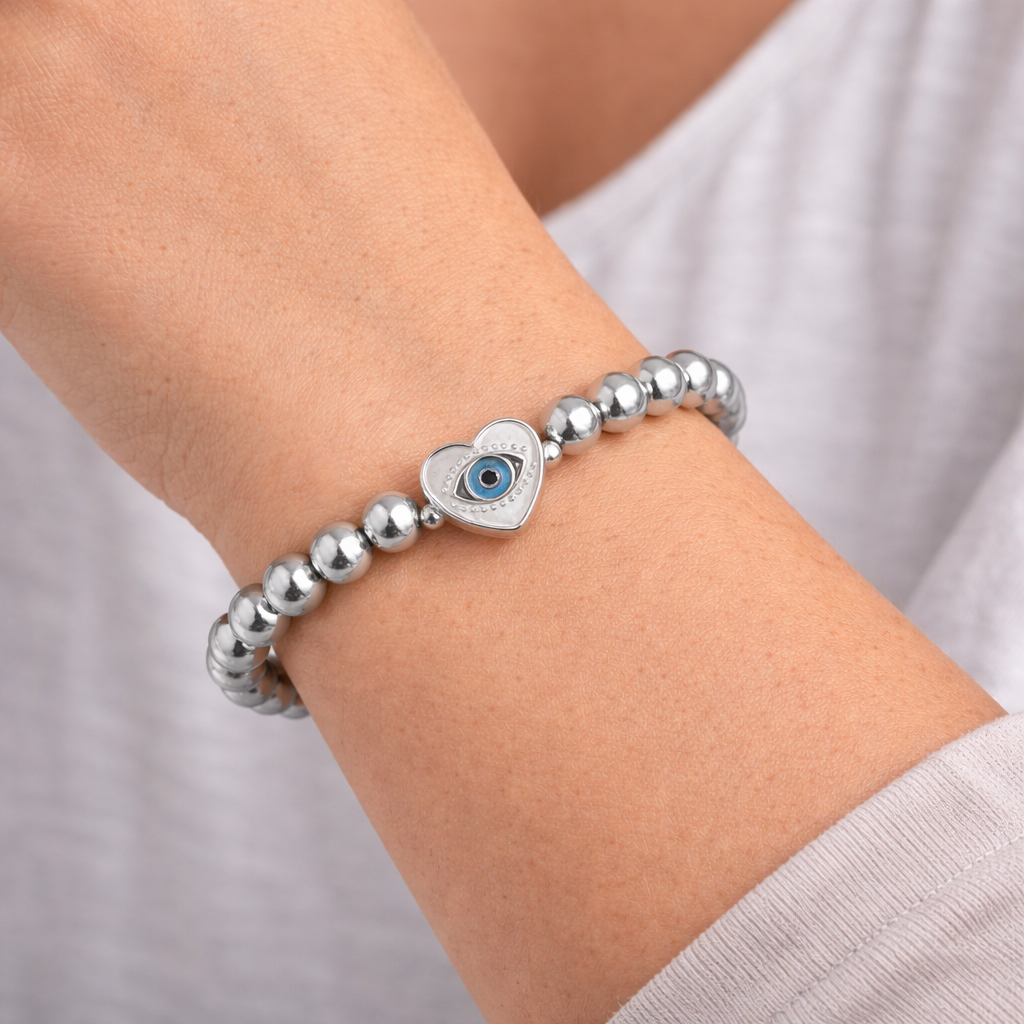 Silver Hematite Evil Eye Bracelet – Heart Charm