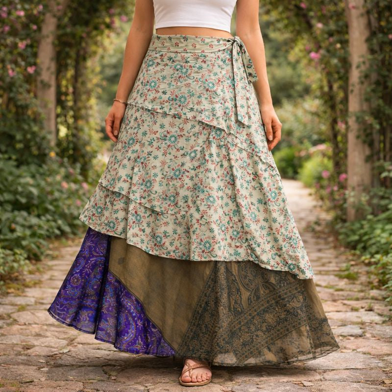 Verdant Whisper Silk Wrap Skirt