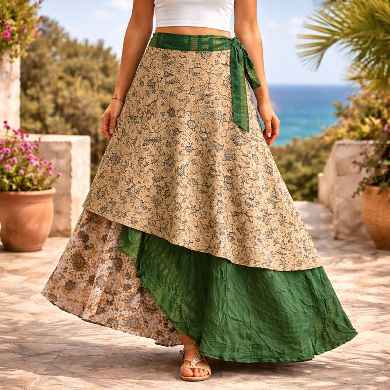 Emerald Horizon Silk Wrap Skirt
