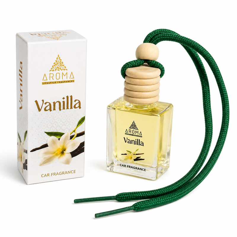 Aroma Vanilla car fragrance with packaging on a white background