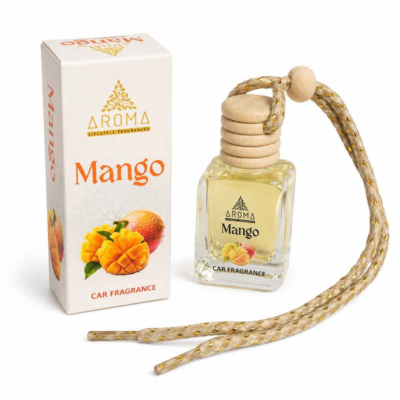 Aroma Mango car fragrance with packaging on a white background