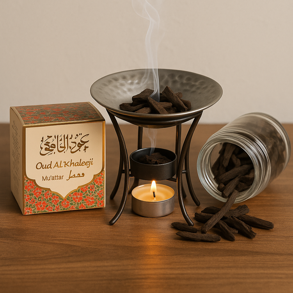 Incense burner with smoking sticks, a box labeled 'Oud Al Khaleej', and a lit candle on a wooden surface.