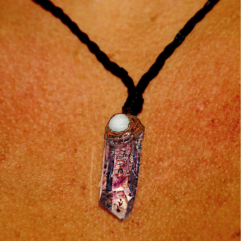 Brandberg Amethyst and Rainbow Moonstone Crystal Pendant