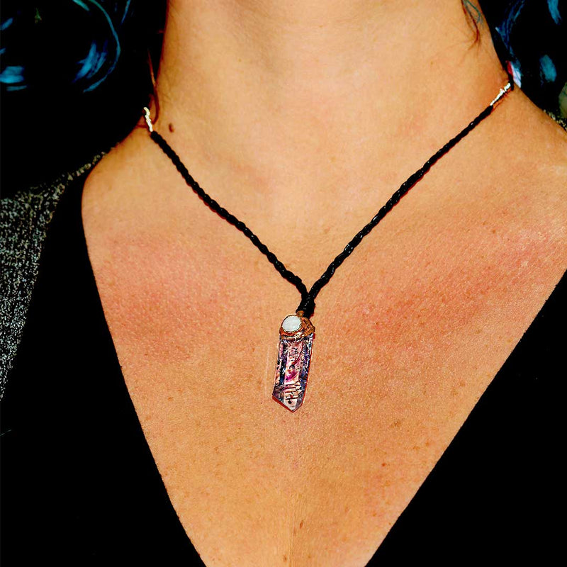 Brandberg Amethyst and Rainbow Moonstone Crystal Pendant