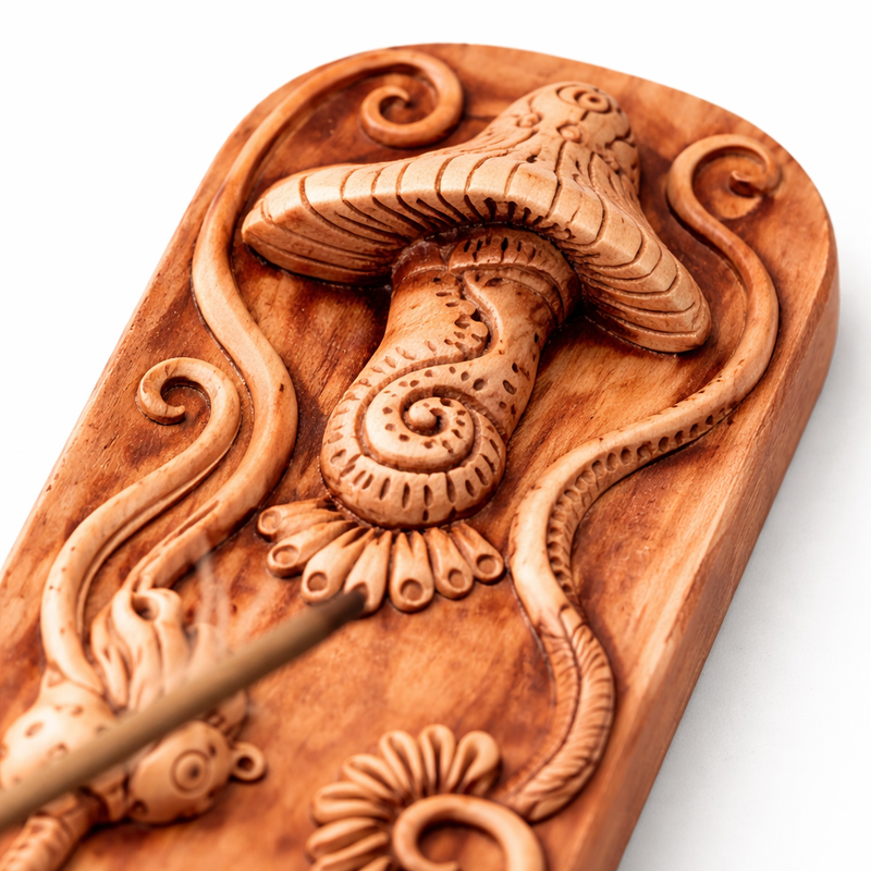 Close up of carved mushroom detail on wooden incense holder – handcrafted spiritual incense burner design