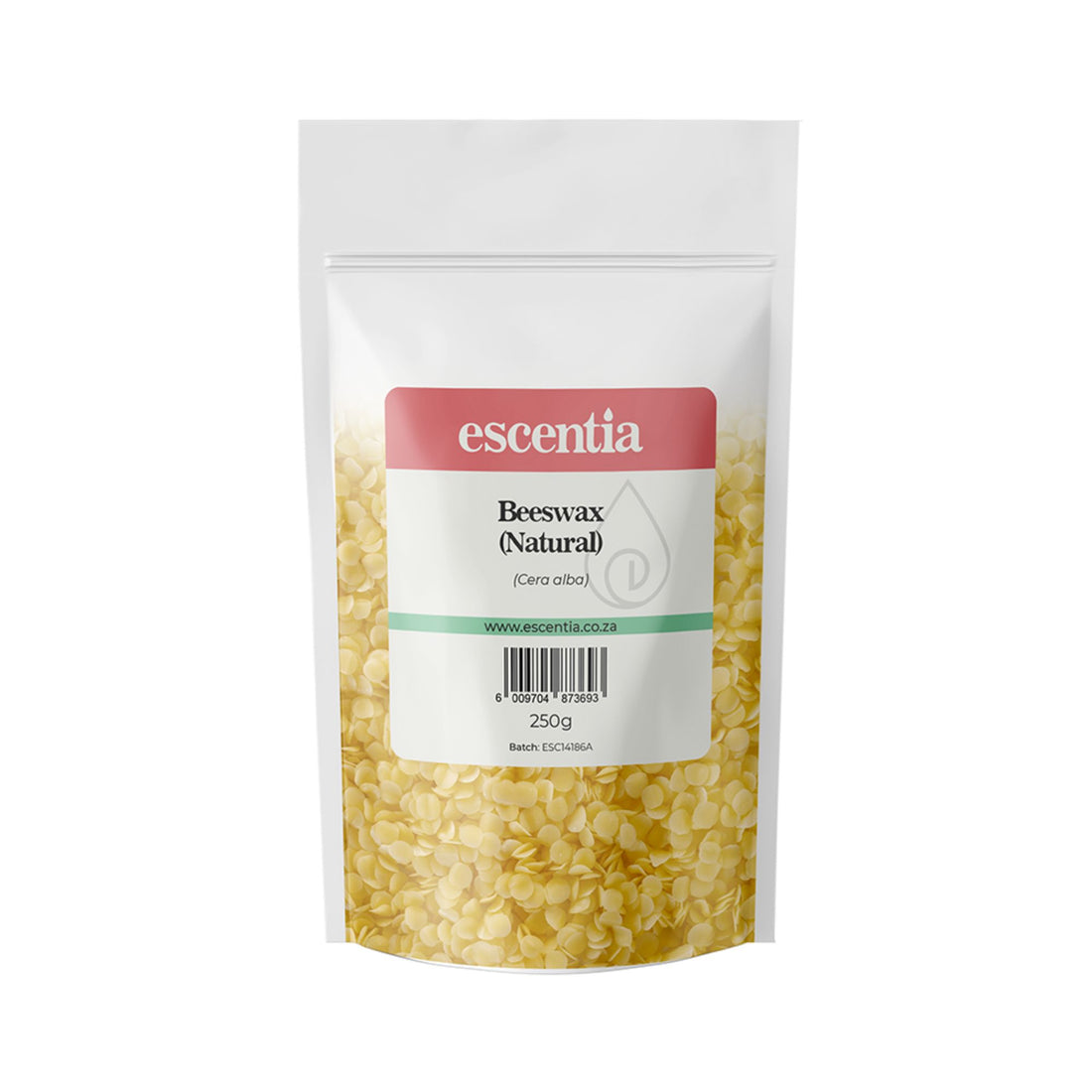 Escentia Beeswax Standard Pellets in resealable pouch — natural yellow wax for candle and balm making, South Africa.