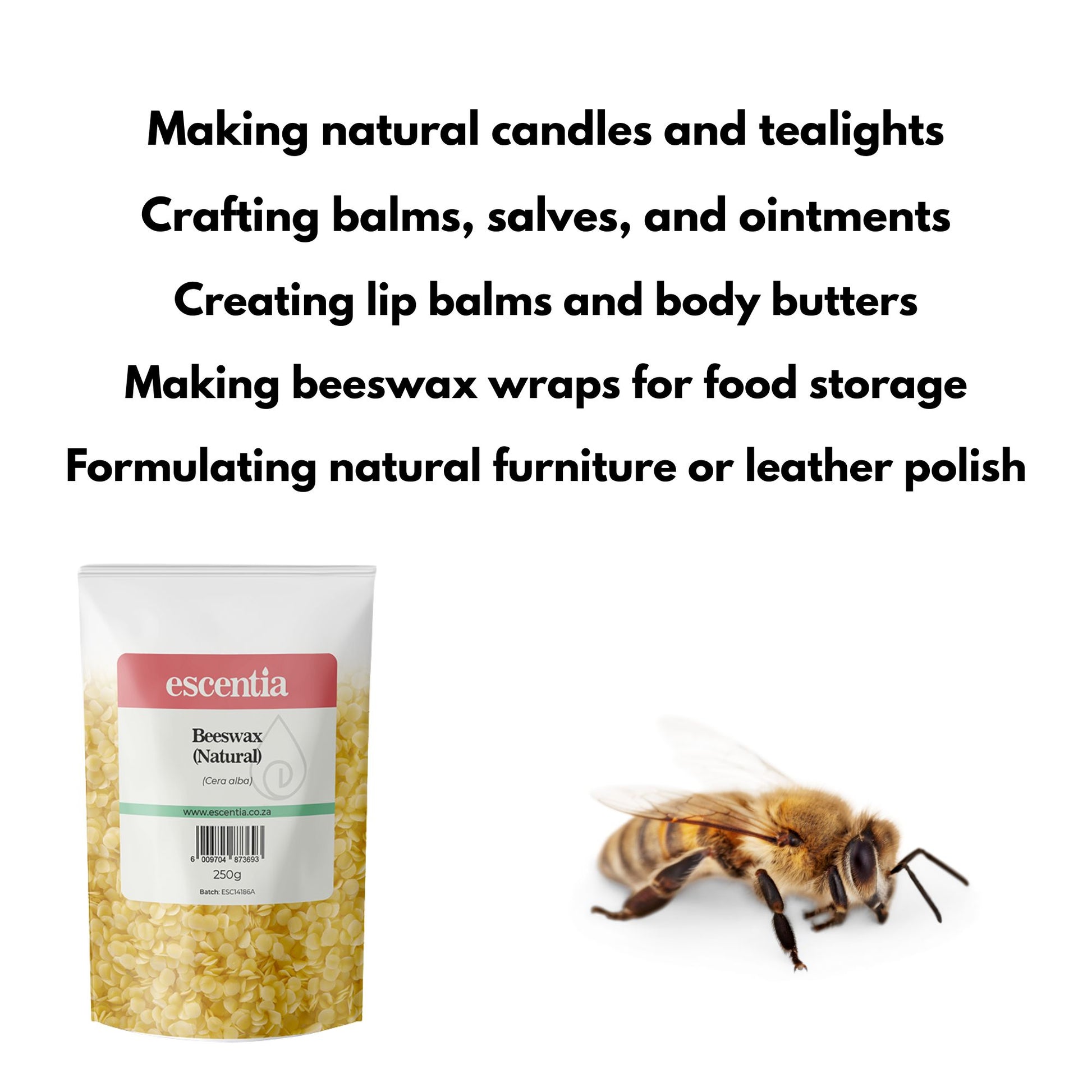 Escentia Beeswax pellets with honey bee — sustainable South African beeswax for natural candle and skincare making.
